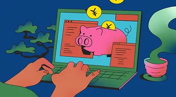 A person using a laptop with displaying a piggy bank and Japanese yen