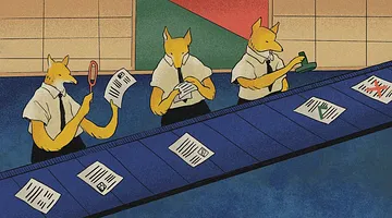 Foxes in short sleeved shirts with black ties inspecting resumes on a conveyor belt.
