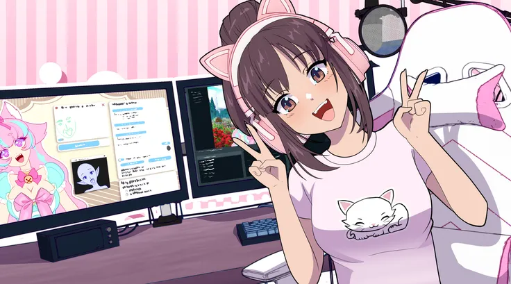 Anime-style VTuber wearing pink cat-ear headphones and a T-shirt with a sleeping cat design, smiling and making peace signs in front of a dual-monitor streaming setup. One monitor shows digital art and a chat window, while the other displays editing software. A microphone, white-and-pink gaming chair, and pink striped background complete the cozy streaming workspace
