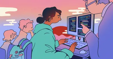 Three students in thought. One student has a backpack on her chair and is working at a computer while being instructed by a professor.