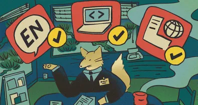 A fox in a suit with icons over their head