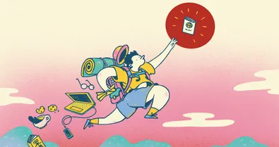 A person jumping through the air, reaching for a passport.