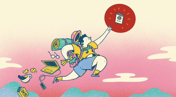 A person jumping through the air, reaching for a passport.