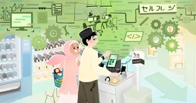 Illustration of a Muslim couple shopping at a Japanese self-checkout convenience store. The woman wears a pink hijab and carries a basket containing halal-labelled groceries, while the man wears a black kufi and taps the self-checkout screen. Above them, a collage of software engineering imagery—including code, gears, a web page, a development team, and the Japanese word "セルフレジ" (self-checkout)—connects their experience of working in tech with everyday life in Japan.