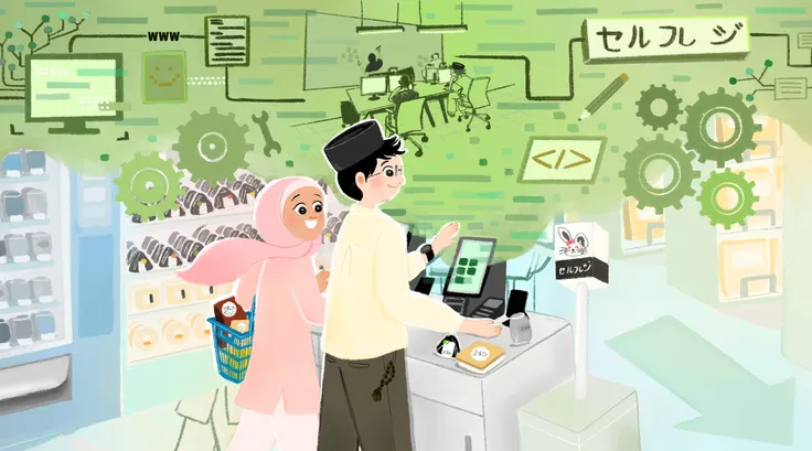 Illustration of a Muslim couple shopping at a Japanese self-checkout convenience store. The woman wears a pink hijab and carries a basket containing halal-labelled groceries, while the man wears a black kufi and taps the self-checkout screen. Above them, a collage of software engineering imagery—including code, gears, a web page, a development team, and the Japanese word "セルフレジ" (self-checkout)—connects their experience of working in tech with everyday life in Japan.