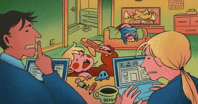 Exacerbated parents try to work as children play