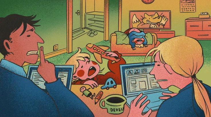 Exacerbated parents try to work as children play