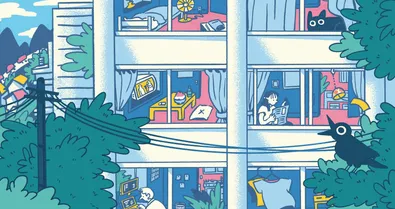 An apartment building where you can see into six units. A woman is reading a newspaper in one. In another, a man is working on a computer. A raven is in the foreground cawing.