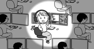 drawing of a female software developer working at a desk