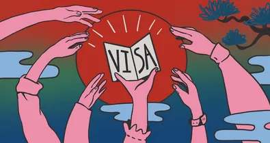 Hands holding a visa with a rising sun in the background