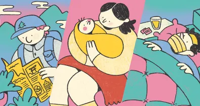 A three panel image. The first has a man with a backpack looking at a hat. The second has a mother with a baby. The third has a masked man lying in bed.