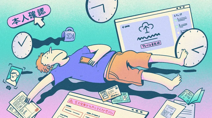Illustration of a person sprawled among clocks, ID cards, forms, a phone taking a selfie, and online verification screens, with a “本人確認” (identity verification) button above.