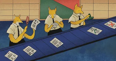 Foxes in short sleeved shirts with black ties inspecting resumes on a conveyor belt.