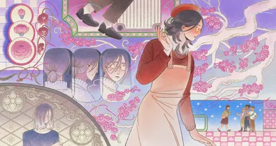 Illustration of a woman in a dress surrounded by cherry blossoms, mirrors, and scenes reflecting different aspects of her life in Japan.