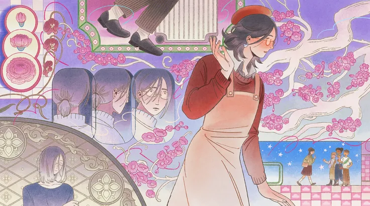 Illustration of a woman in a dress surrounded by cherry blossoms, mirrors, and scenes reflecting different aspects of her life in Japan.