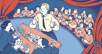 Illustration of a person performing on stage while three judges watch from a table in the foreground. Behind the performer, a diverse audience applauds from theater seating framed by red curtains. The performer gestures animatedly, suggesting an improv or public speaking performance, while the judges take notes and review materials.