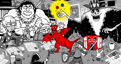 A skeletal DM holds a glistening pair of d20s for an eclectic party