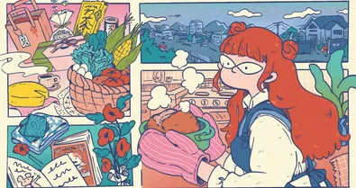 Illustrated cover showing a red-haired woman in a Japanese kitchen carrying a steaming pot with oversized oven mitts while looking out at a countryside neighborhood. Surrounding panels depict gift-giving and hospitality: wrapped presents, omiyage snacks, a basket of fresh vegetables, tea, folded cloths, flowers, and a handwritten note, conveying the warmth and generosity of life in the Japanese countryside.