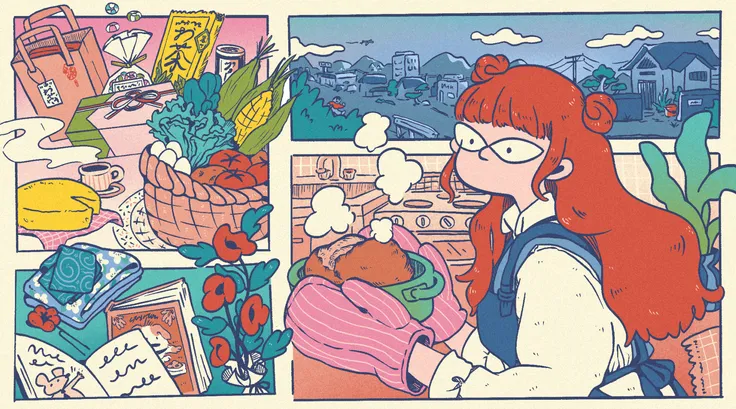 Illustrated cover showing a red-haired woman in a Japanese kitchen carrying a steaming pot with oversized oven mitts while looking out at a countryside neighborhood. Surrounding panels depict gift-giving and hospitality: wrapped presents, omiyage snacks, a basket of fresh vegetables, tea, folded cloths, flowers, and a handwritten note, conveying the warmth and generosity of life in the Japanese countryside.