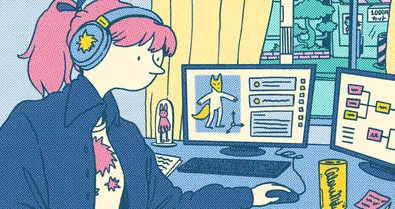 A Woman using a mouse while looking at one of two monitors.