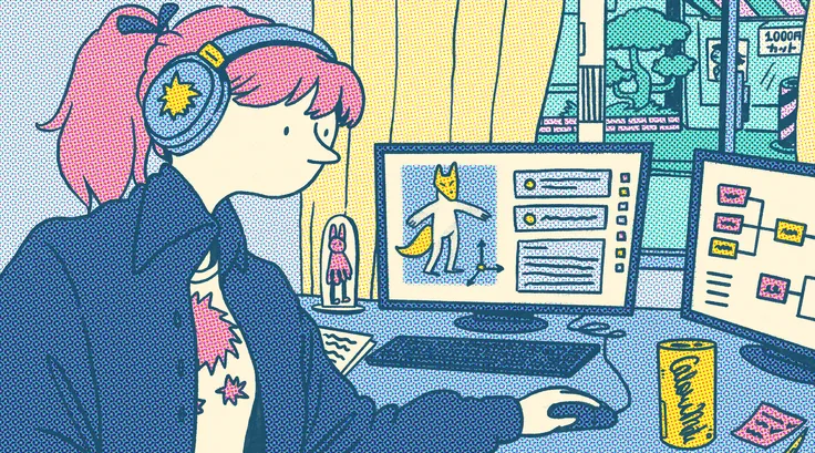 A Woman using a mouse while looking at one of two monitors.