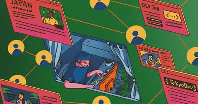 Paul working on a computer connected by a network of people