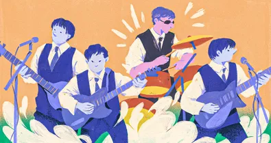 Illustration of a four-member band performing, with three guitarists and a drummer playing together on stage.