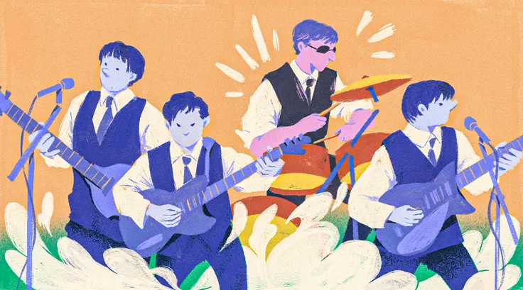 Illustration of a four-member band performing, with three guitarists and a drummer playing together on stage.
